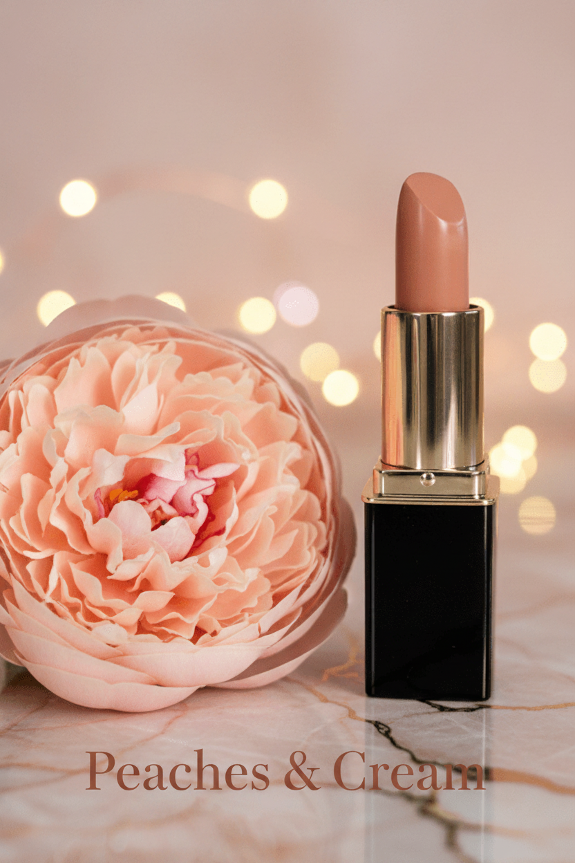 L'Paige lipstick #25 Dusty Rose. A soft warm nude lipstick with peony blossom and a warm background with bokeh lights