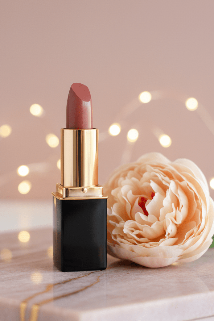 L'Paige lipstick in color #91 Fawn styled by a peach peony with bokeh fairy lights in the background