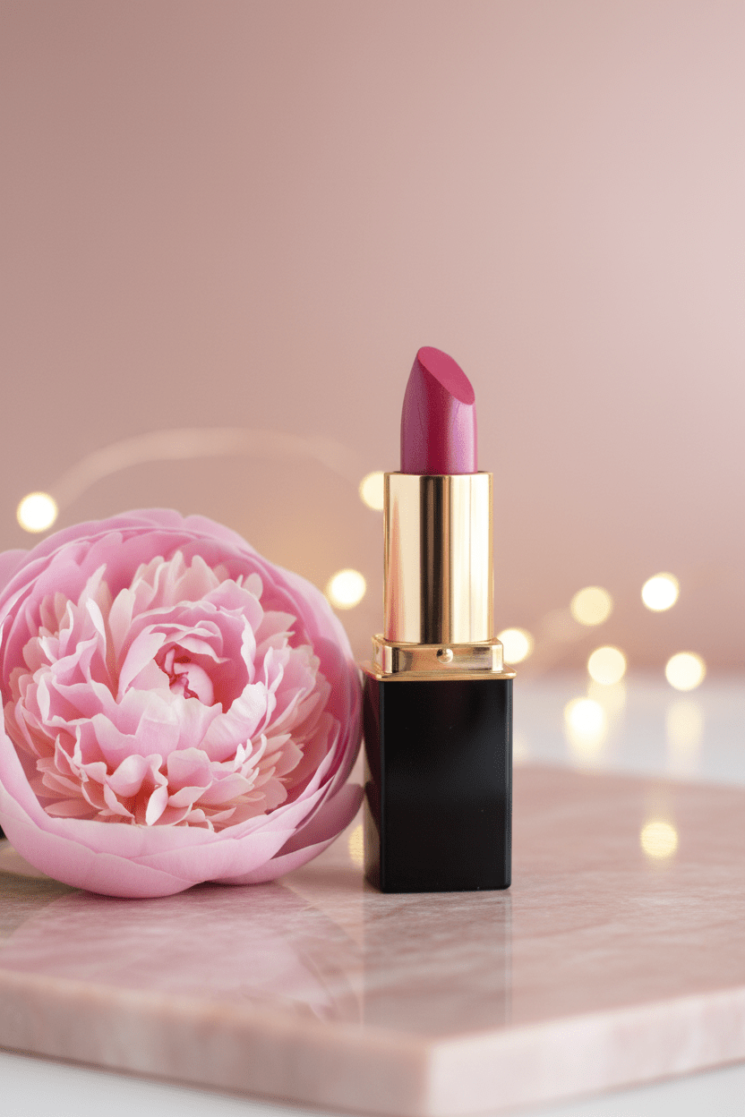 #20 L'Paige Lipstick in a gold and black tube with bokeh lights in the background and a peony blossom