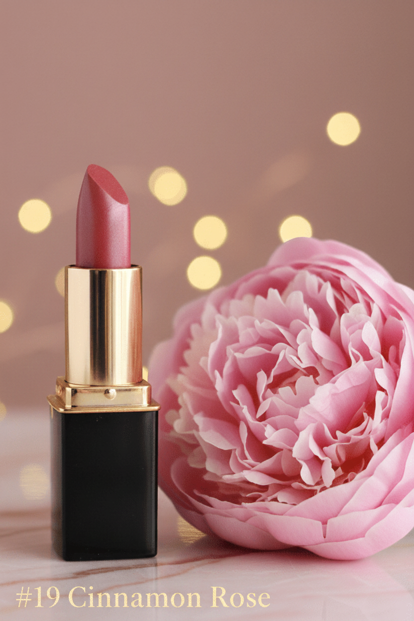 A tube of L'Paige Lipstick in the shade #19 Cinnamon Rose, with a gold-colored cap, against a white background.
