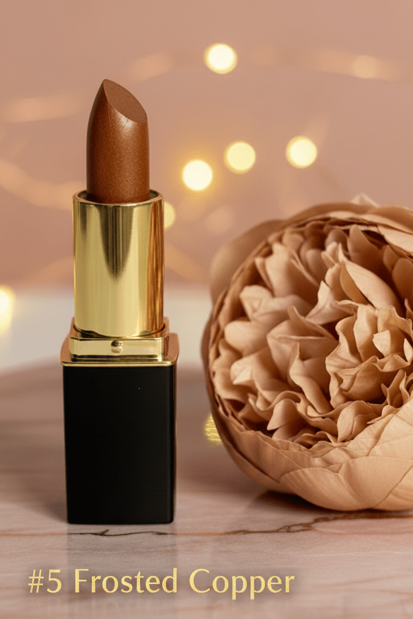 #05 Frosted Copper lipstick with a gold and black tube stands on a pink marble surface next to a dried beige flower