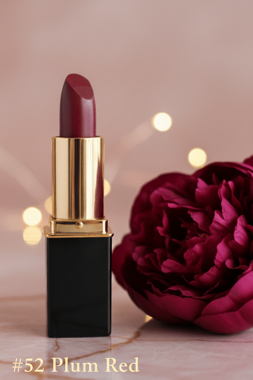 A L'Paige lipstick in color Plum Red with black tube, standing on a marble surface next to a large dark pink peony flower.