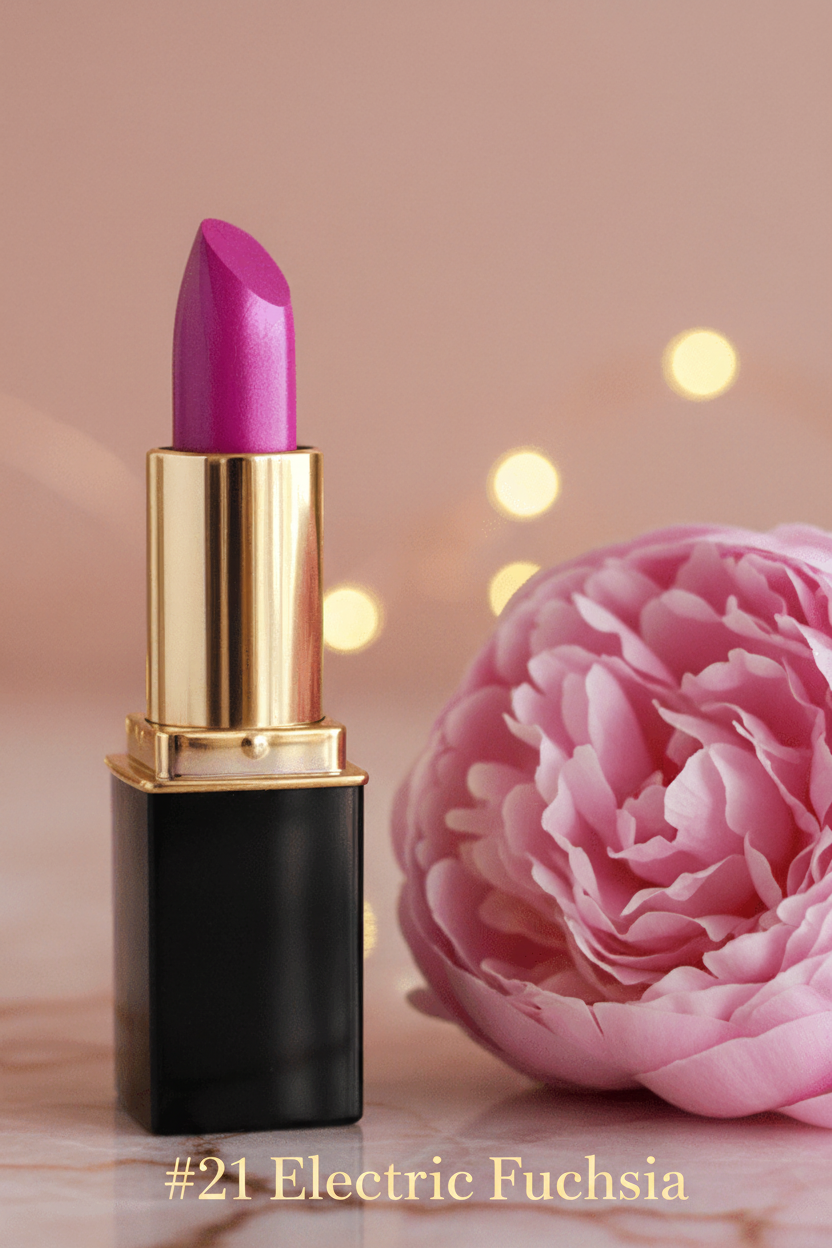 A lipstick tube in L'Paige #21 Electric Fuchsia with a gold collar, and black base, styled next to a large pink peony flower