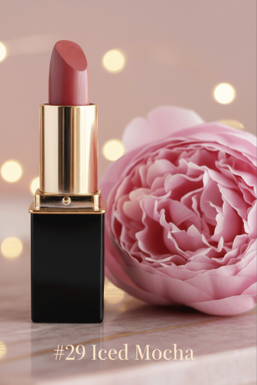 #29 Iced Mocha tube with a black square tube, and gold collar, stands beside a large pink peony flower