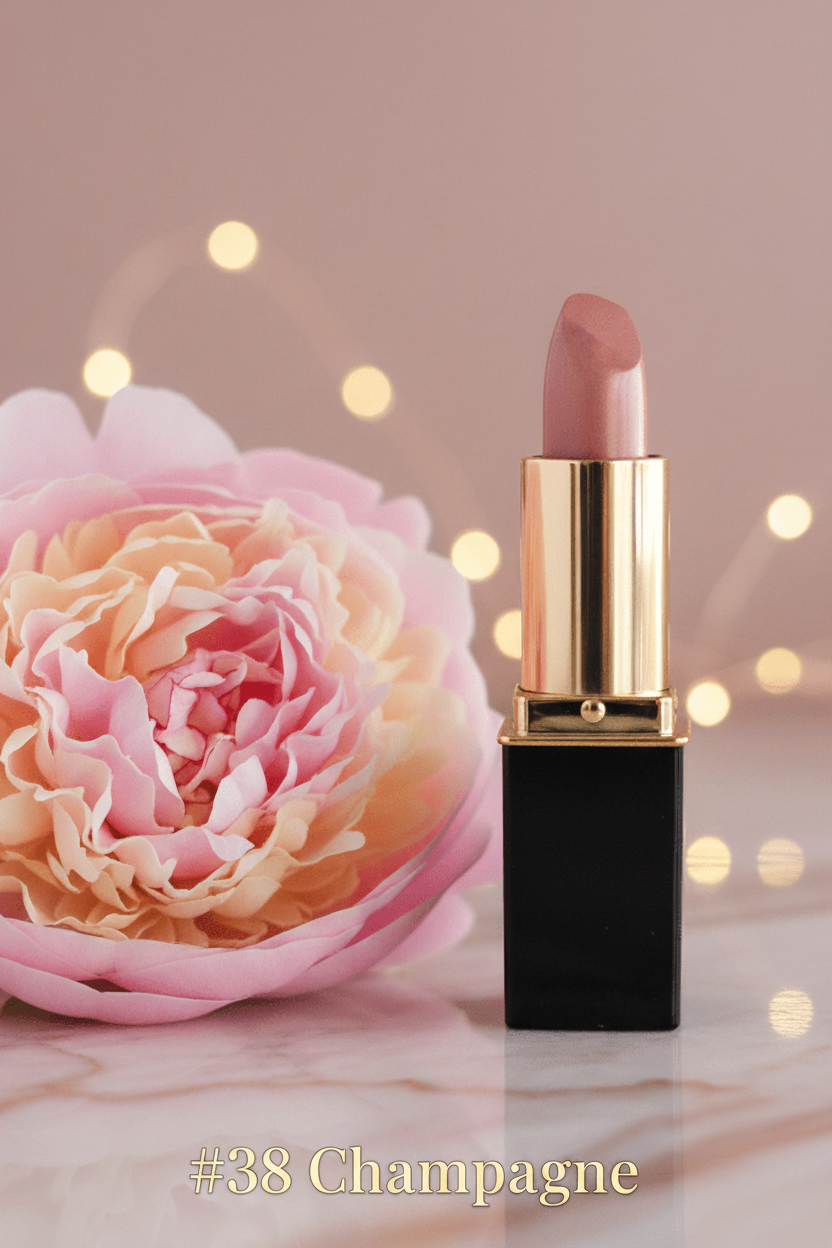 A tube of L'Paige lipstick in shade #38 Champagne with a gold cap, displayed against a mauve