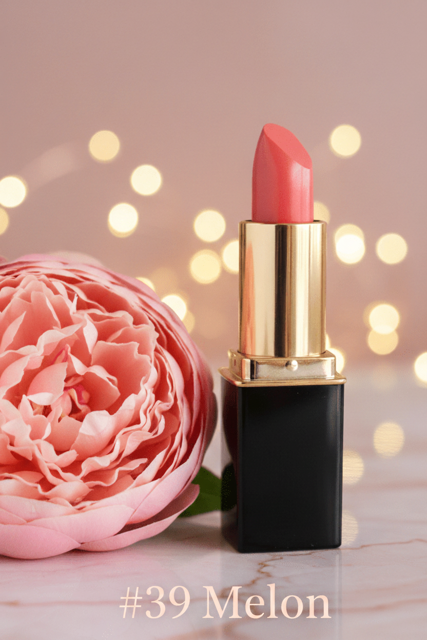 #39 L'Paige lipstick with a gold tube and black base stands on a marble surface next to a large pink flower