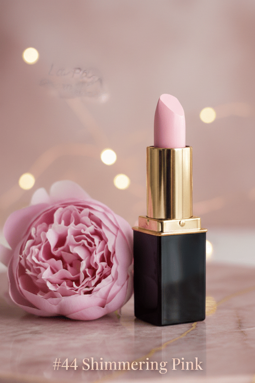 L'Paige #44 Shimmering Pink Ice lipstick with a black and gold tube stands on a pink marble surface next to a pink flower
