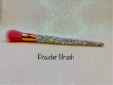 Powder Brush  with a full aurora crystal handle, gold ferrule and pink bristles by La Paz Cosmetics on a white background 