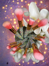 La Paz Cosmetics - Aurora Bling Makeup brush collection with pink bristles and aurora rhinestones with white flowers.