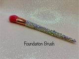 Foundation Brush with a full aurora crystal handle, gold ferrule and pink bristles by La Paz Cosmetics on a white background 