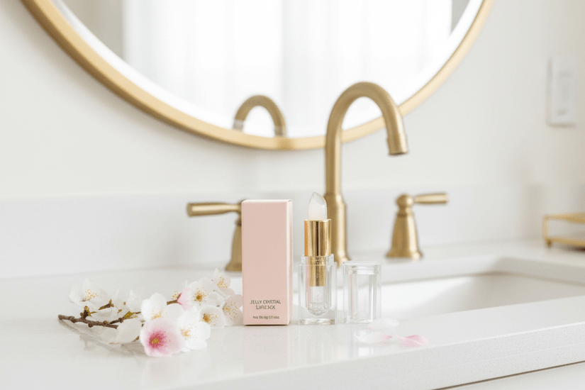 Bathroom vanity with gold fixtures, a pink bottle, and small flowers.