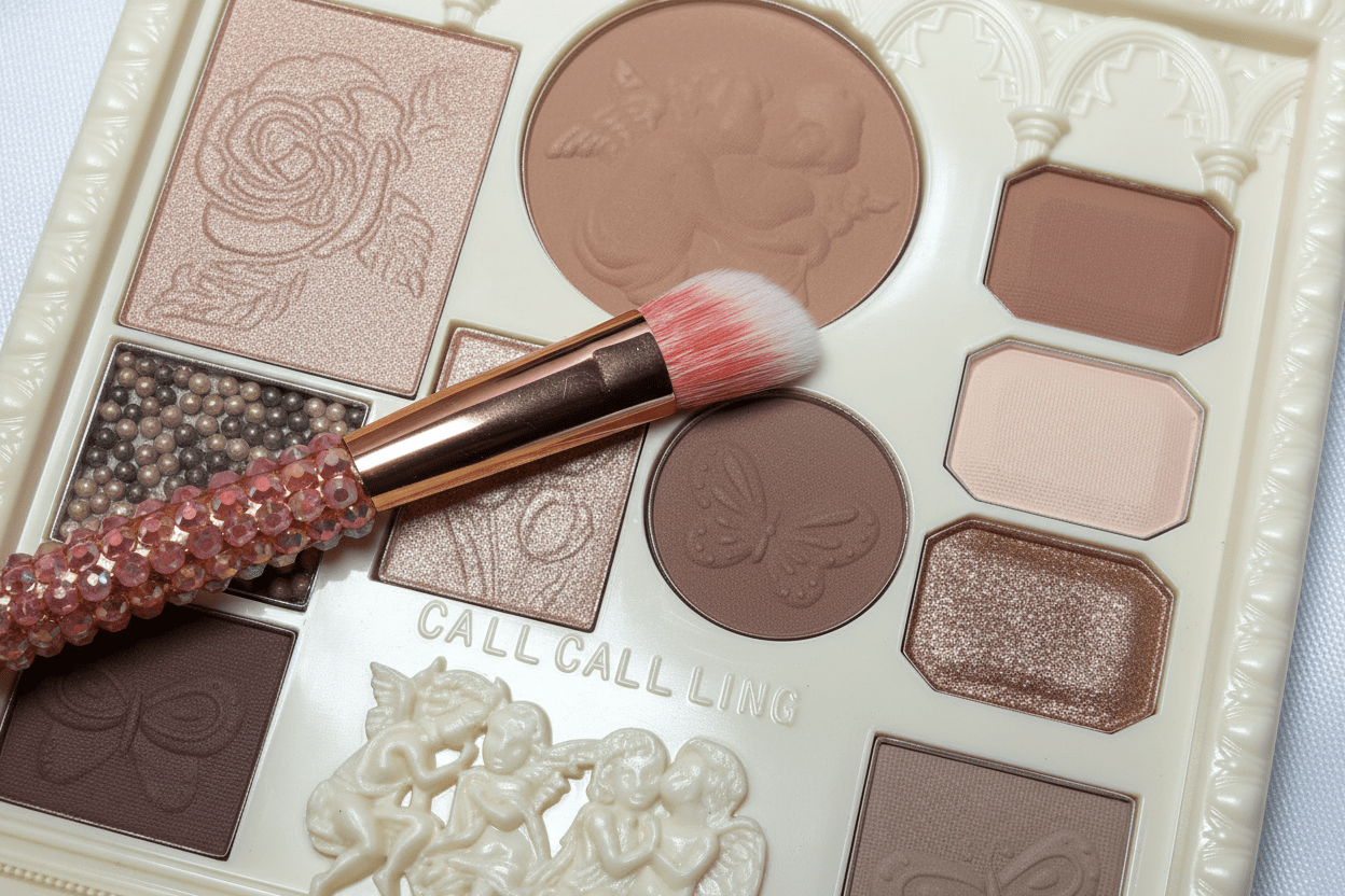 Angelic Embossed Eyeshadow Palette showing all shades including pressed powder highlighter, pressed powder blush, moisturizing lip pearl beads, rose gold shimmer, champagne glitter, and deep matte eyeshadows in the ivory angel-embossed case