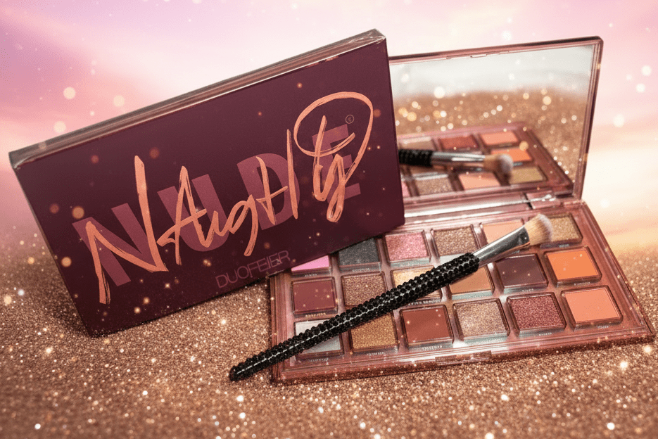 Naughty Nude Eyeshadow Palette open next to its burgundy box on a gold glitter surface with a rhinestone bling eyeshadow brush