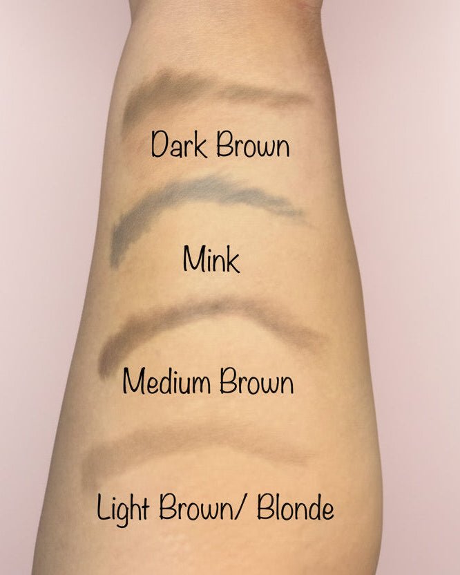 Arm swatches of La Paz Cosmetics Luxe Crystal Eyebrow Pencil in all 4 shades — Dark Brown, Mink, Medium Brown, and Light Brown/Blonde