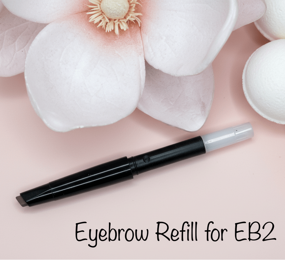 La Paz Cosmetics Luxe Crystal Eyebrow Pencil refill for EB2 Light Brown/Blonde on pink background with white magnolia flowers