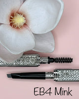 La Paz Cosmetics Luxe Crystal Eyebrow Pencil EB5 Mink open showing dual-ended design with spoolie and precision tip, crystal case on pink background with white orchid