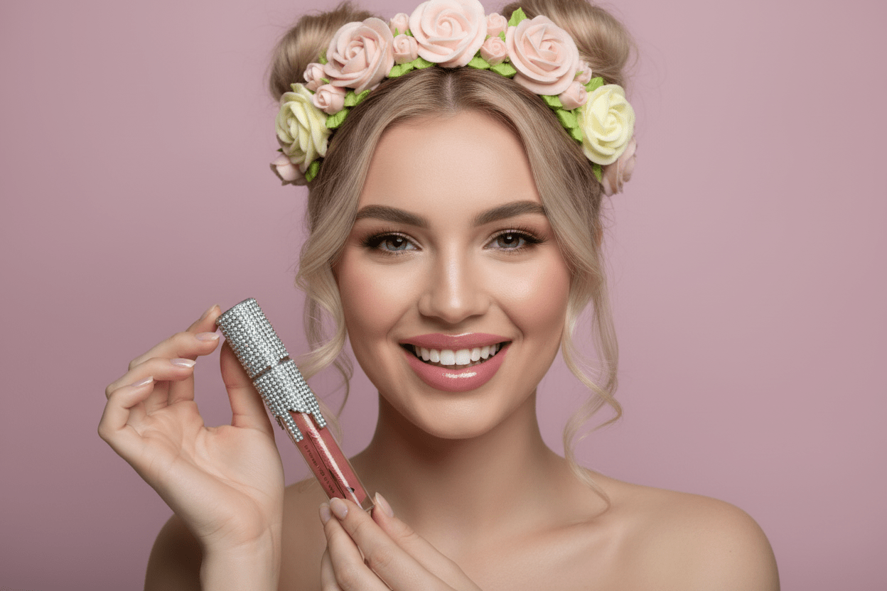 Model holding La Paz Crystal Frosting Lip Gloss Honeyed Rosebud D12 with sheer pink shimmer lips and floral icing crown