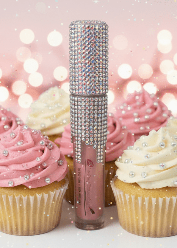 La Paz Crystal Frosting Lip Gloss Shimmering Blush D19 — crystal tube with warm pink gloss and cupcakes