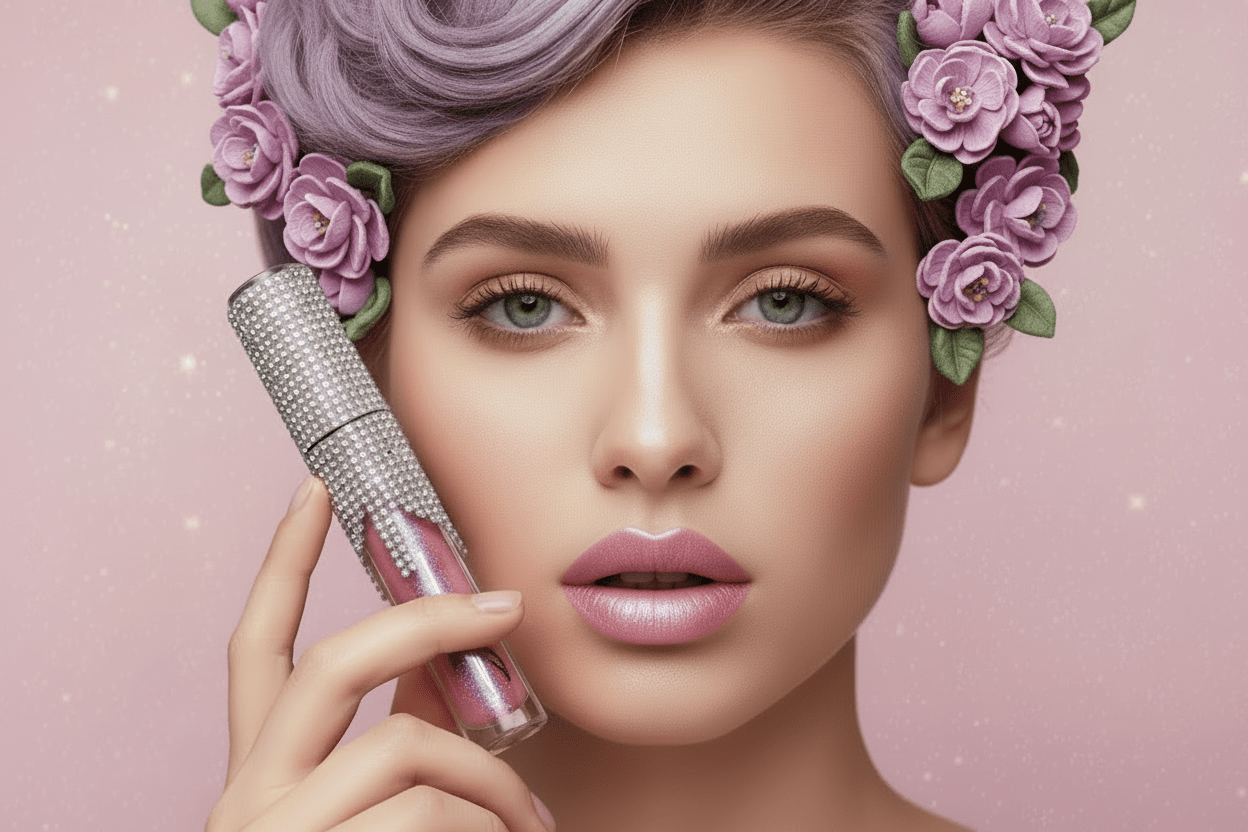 Model with lavender hair and floral crown holding La Paz Crystal Frosting Lip Gloss Sugared Violets D20 sheer shimmer lips