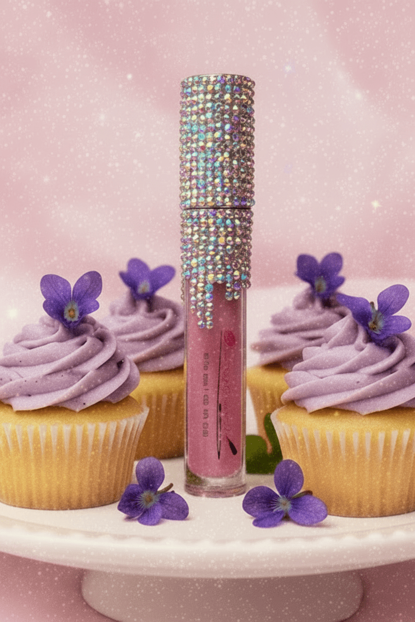 La Paz Crystal Frosting Lip Gloss Sugared Violets D20 — crystal tube, purple cupcakes & violet flowers on pink background