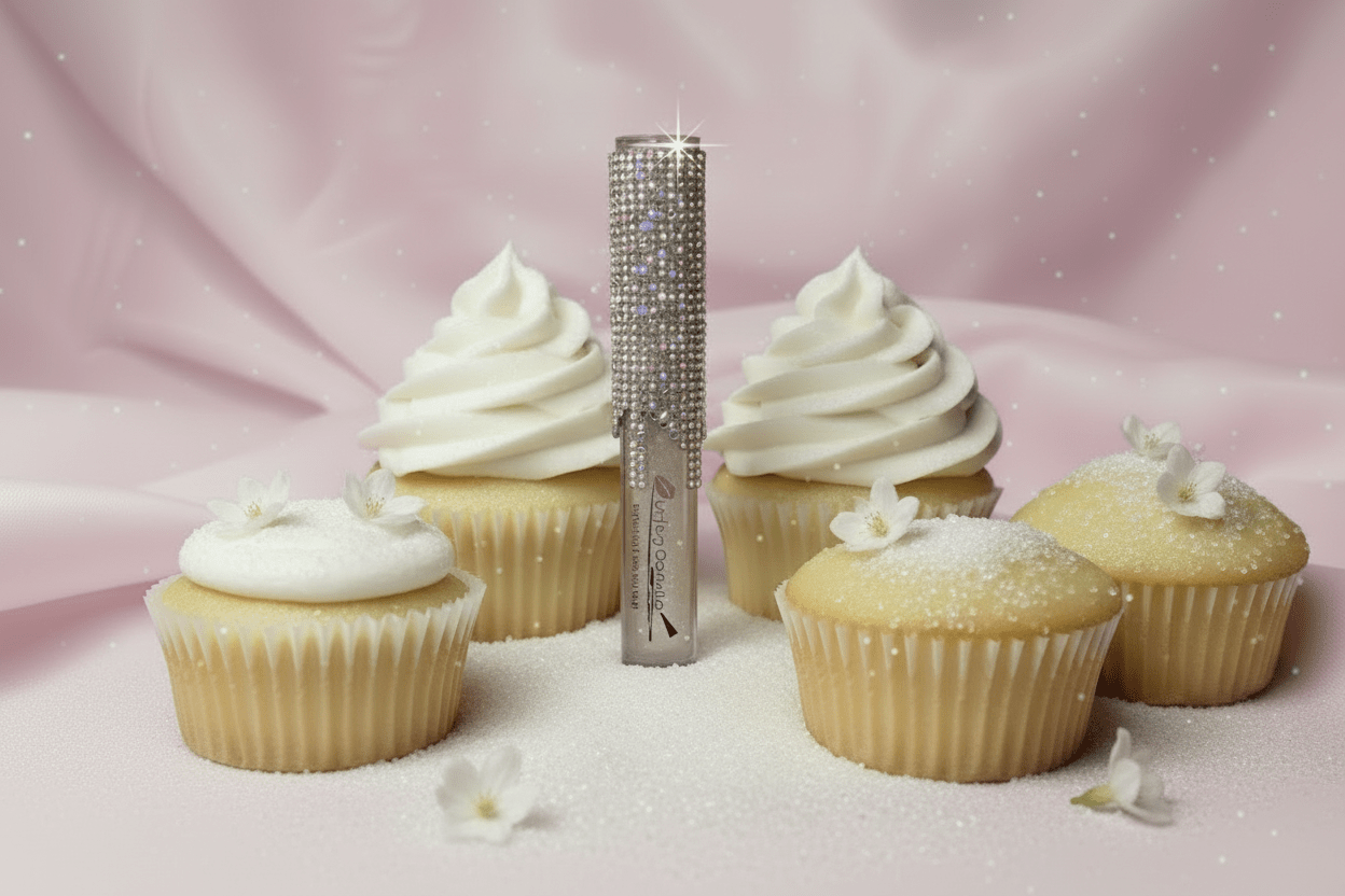 La Paz Crystal Frosting Lip Gloss Frosted Glaze D09 — crystal tube with icy shimmer gloss beside a cupcake on pink fabric