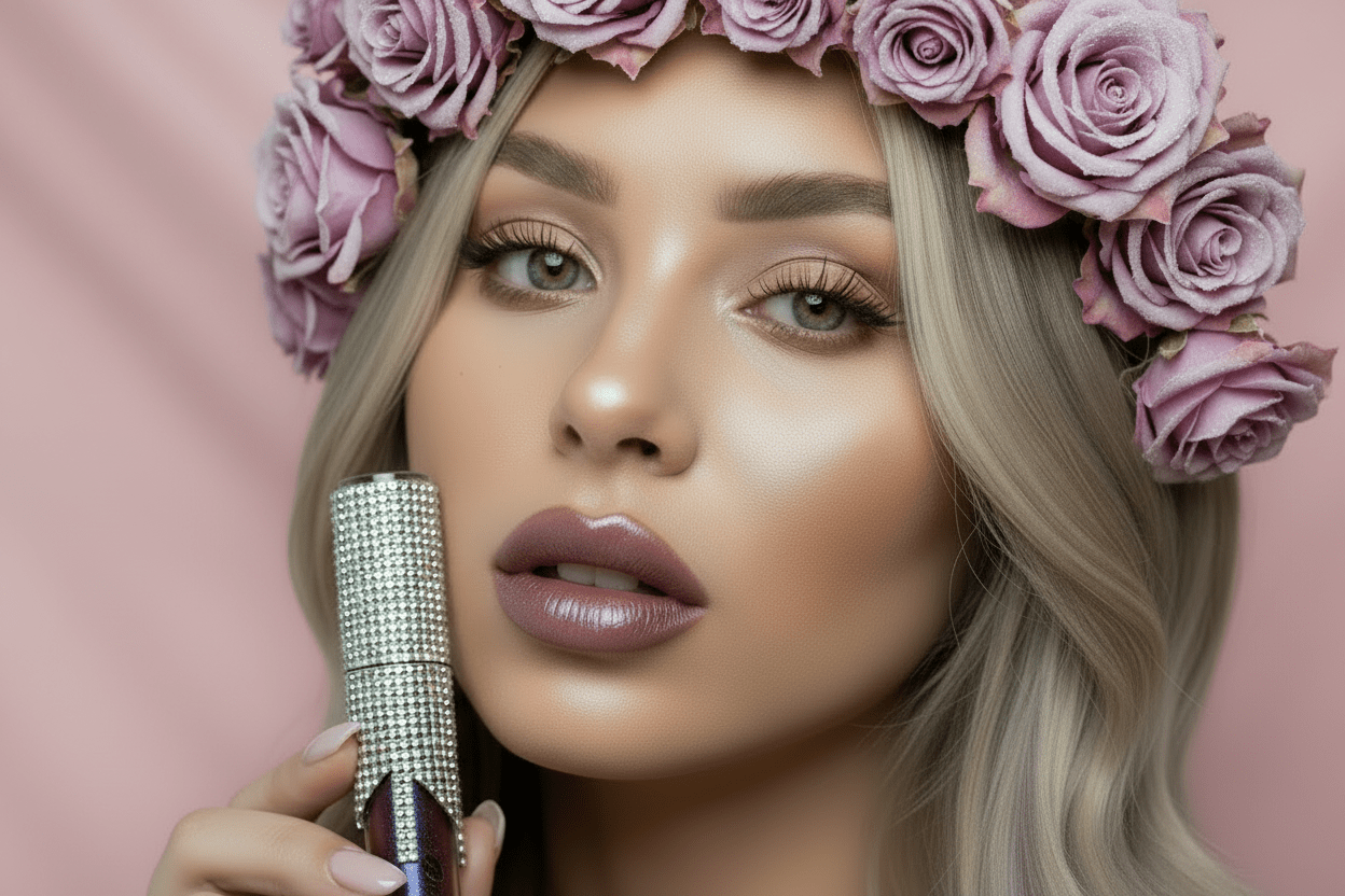 Model holding La Paz Crystal Frosting Lip Gloss in Sugarplum Fairy with sheer plum shimmer lips on pink background