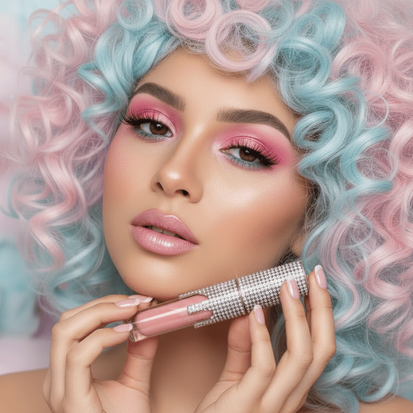 Model with pastel curly hair holding La Paz Crystal Frosting Lip Gloss in Cotton Candy D02 with sheer pink shimmer lips