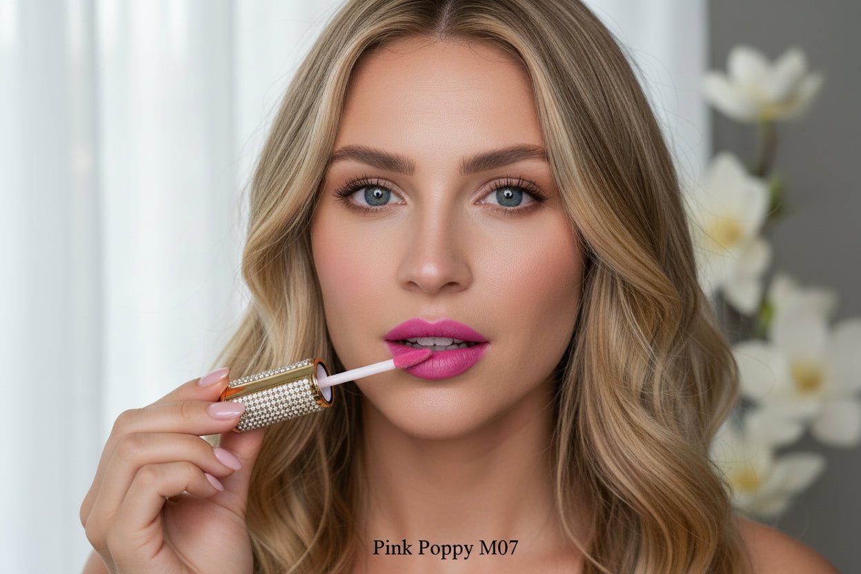 La Paz Cosmetics M07 Pink Poppy Diamond Liquid Matte Lipstick tube with rhinestone cap