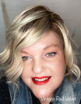 La Paz Cosmetics founder wearing M40 Vintage Red Velvet Diamond Liquid Matte Lipstick — a classic bold red matte shade