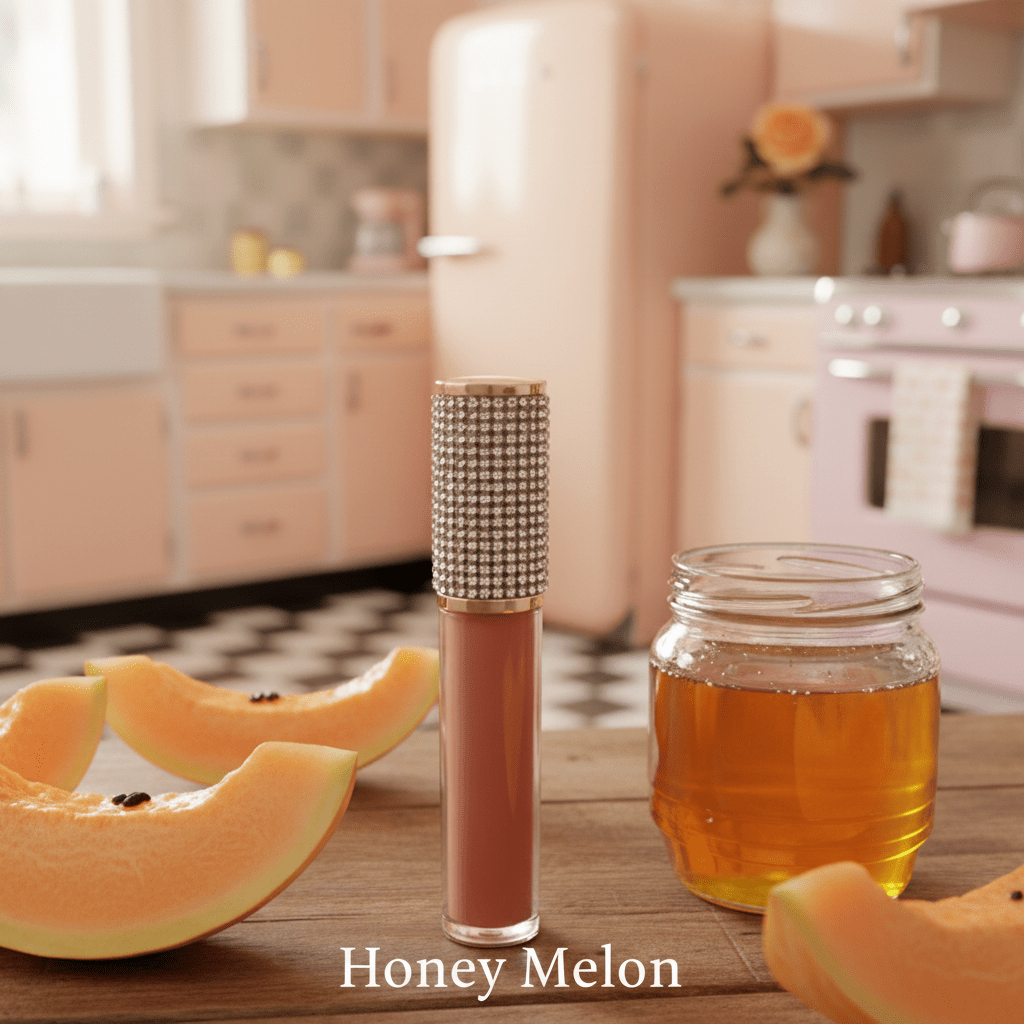 La Paz M13 Honey Melon Diamond Liquid Matte Lipstick with rhinestone cap beside honey jar and melon slices on rustic wood