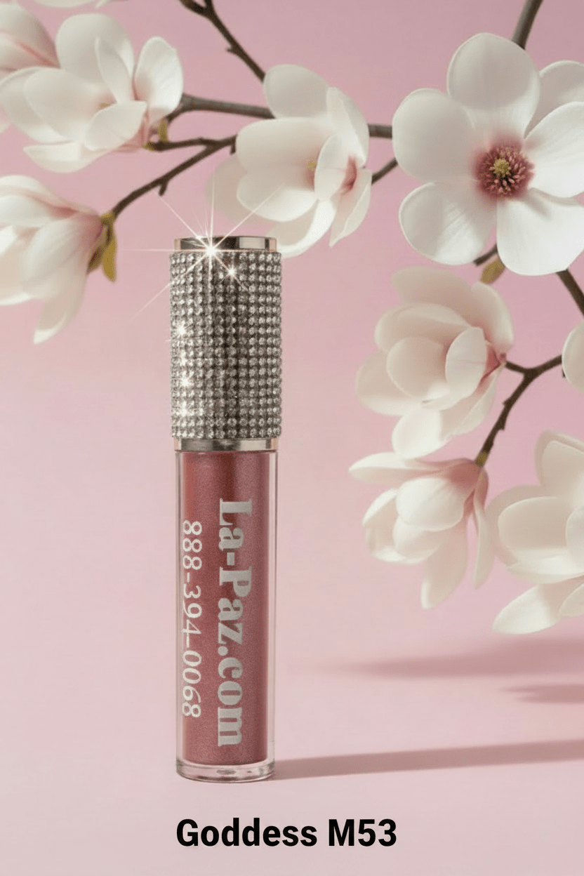 La Paz M53 Goddess Diamond Liquid Matte Lipstick — rhinestone cap with nude rose shimmer among magnolia blossoms on pink