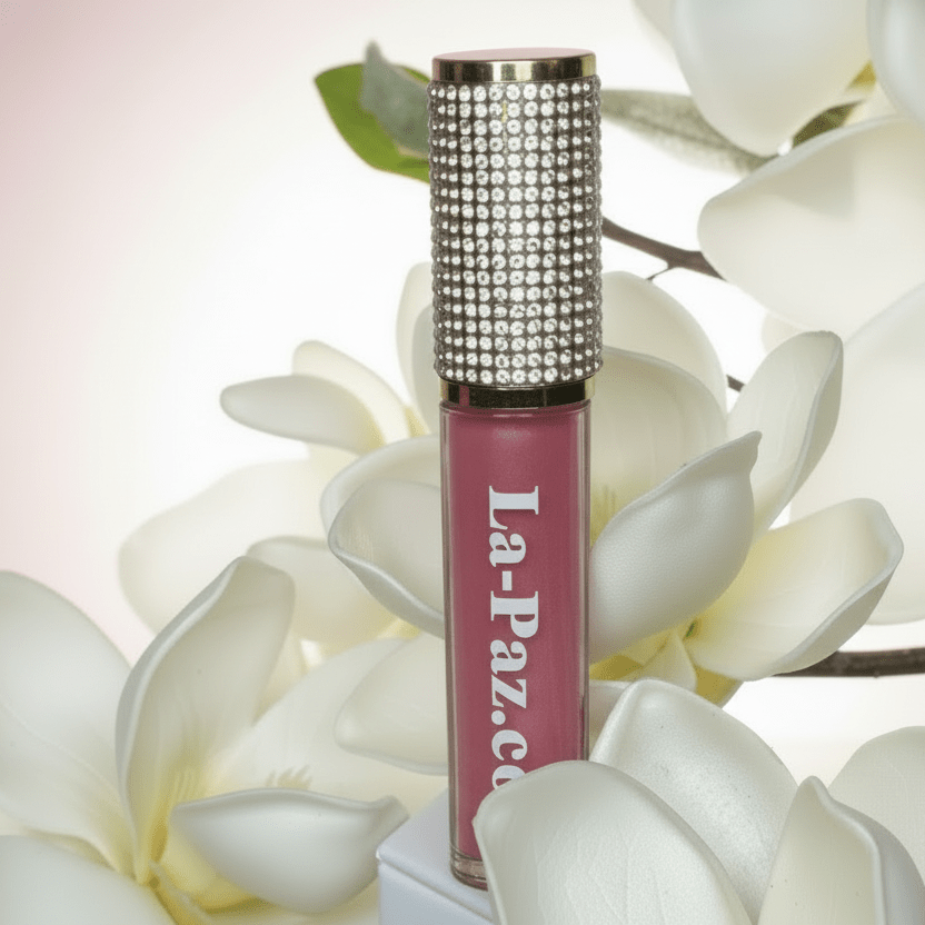 La Paz Cosmetics M19 Diva Diamond Liquid Matte Lipstick tube with rhinestone cap nestled among white magnolia flowers