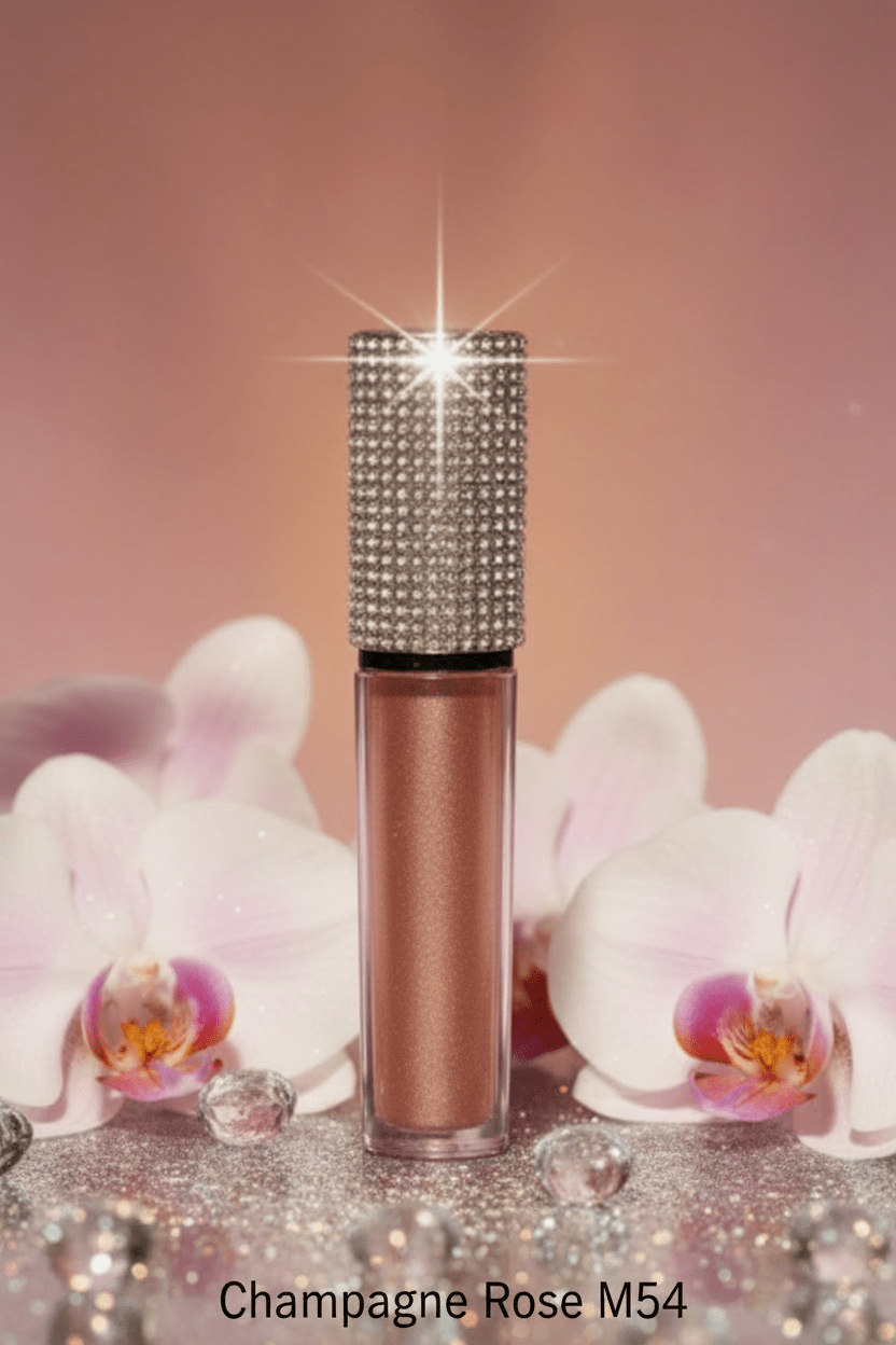 La Paz M54 Champagne Rosé Diamond Liquid Matte Lipstick — rhinestone cap, champagne flute & crystals on reflective surface