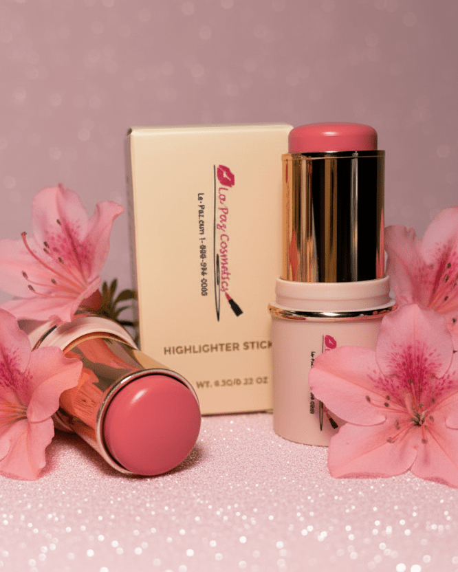 La Paz Cream Blush Stick in Azalea 03 — two gold and soft pink sticks opened showing a vibrant rose pink blush