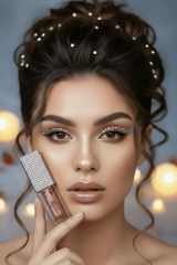 Model holding Strawberry lip oil with a rhinestone top. She is wearing the lip oil and she has a glass lip shine.  