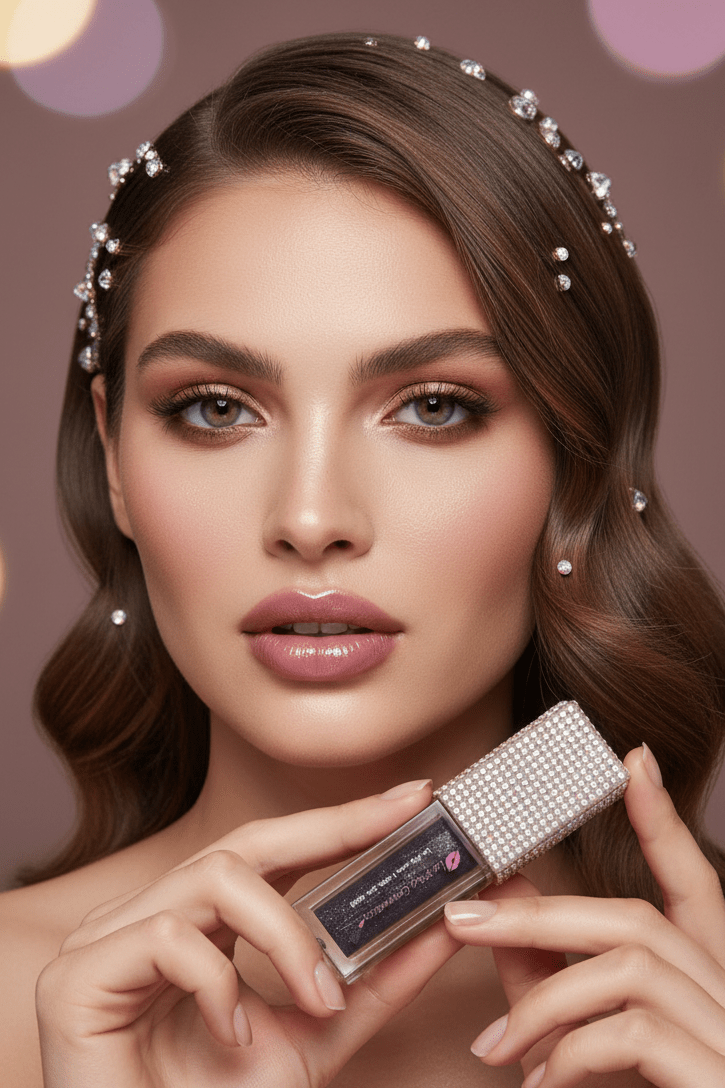 Model with rhinestone headband holding La Paz rhinestone-embellished Black Lip Oil tube 