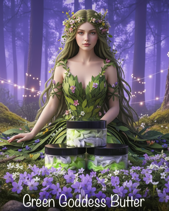 The Green Goddess setting with flowers and promoting 'Green Goddess Butter'.