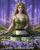 Woman in a forest setting with flowers and lights, promoting 'Green Goddess Butter'.
