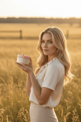 A blonde woman holds a jar of Sweet Cream & Honey Body Butter with a pink lid and cream-colored butter inside