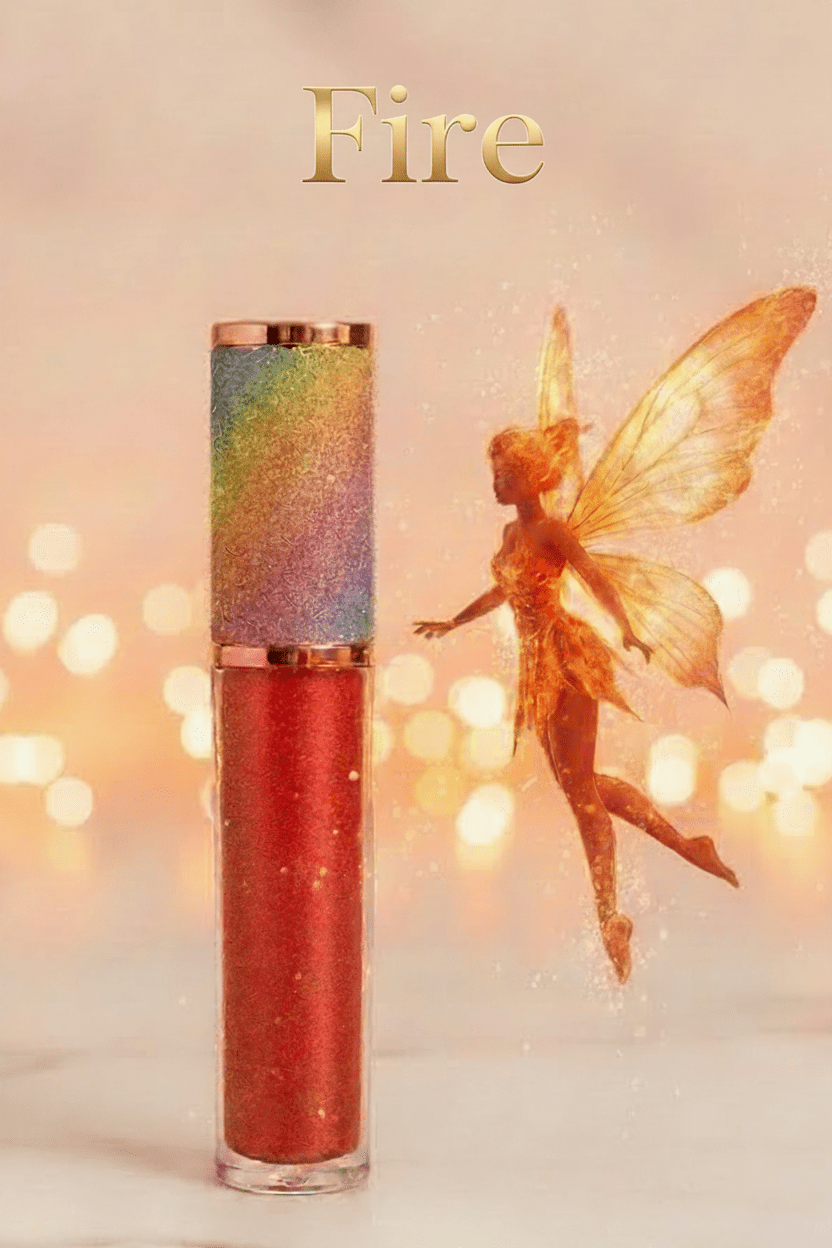 La Paz Fire Lux Lip Gloss with golden fire fairy figurine on light surface against warm glowing bokeh background