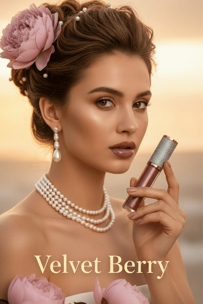 Model with updo holding La Paz Velvet Berry Lux Lip Gloss S28 with brown berry lip and pearl jewelry on warm bokeh