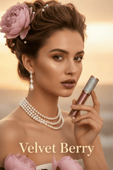 Model with updo holding La Paz Velvet Berry Lux Lip Gloss S28 with brown berry lip and pearl jewelry on warm bokeh