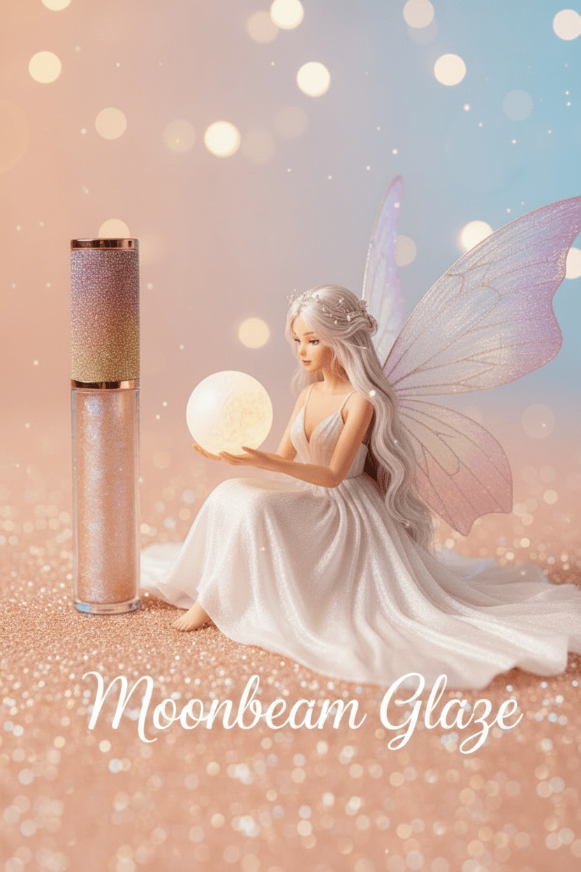 La Paz Moonbeam Glaze Lux Lip Gloss with moon fairy figurine on sparkling surface against soft pastel bokeh background
