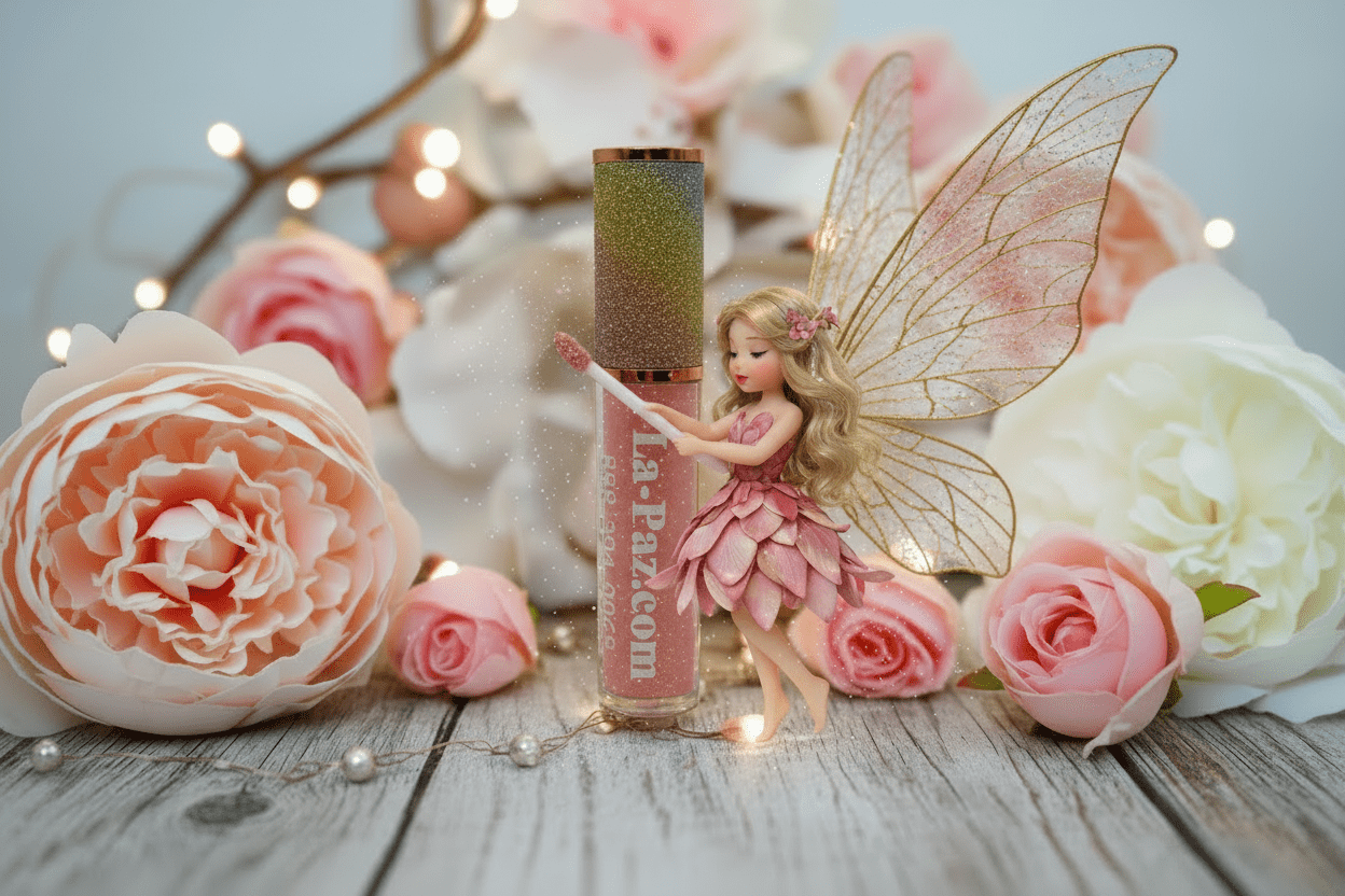 La Paz Pixie Dust Lux Lip Gloss — warm pink gloss with rainbow cap, fairy figurine & pink roses on wood with fairy lights