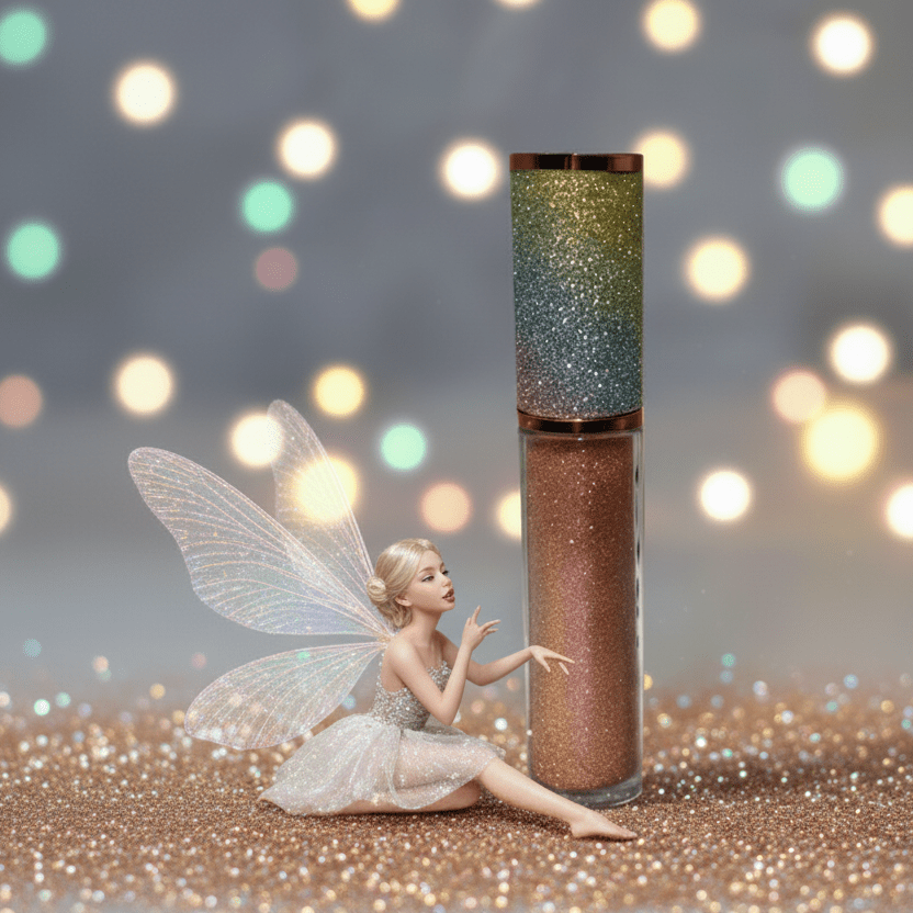 La Paz Fairy Dust Lux Lip Gloss — golden glitter gloss with rainbow cap beside a fairy figurine on sparkling gold background