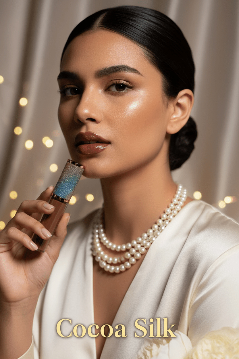 Model with pearl necklace holding La Paz Cocoa Silk Lux Lip Gloss S21 with cocoa bronze shimmer on warm bokeh background
