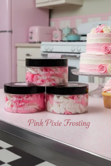 Miss Moo Belle's  body butter in Pink Pixie Frosting sitting on a countertop.