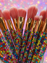 La Paz Cosmetics - Rainbow Bling Makeup Brush Collection with multi-colored rhinestones, gold accents and pink vegan bristles 
