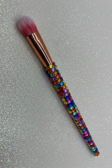 Rainbow  Bling Flat Eye Makeup Brush with a full multicolored crystal handle, gold ferrule and pink bristles by La Paz Cosmetics on a white background 