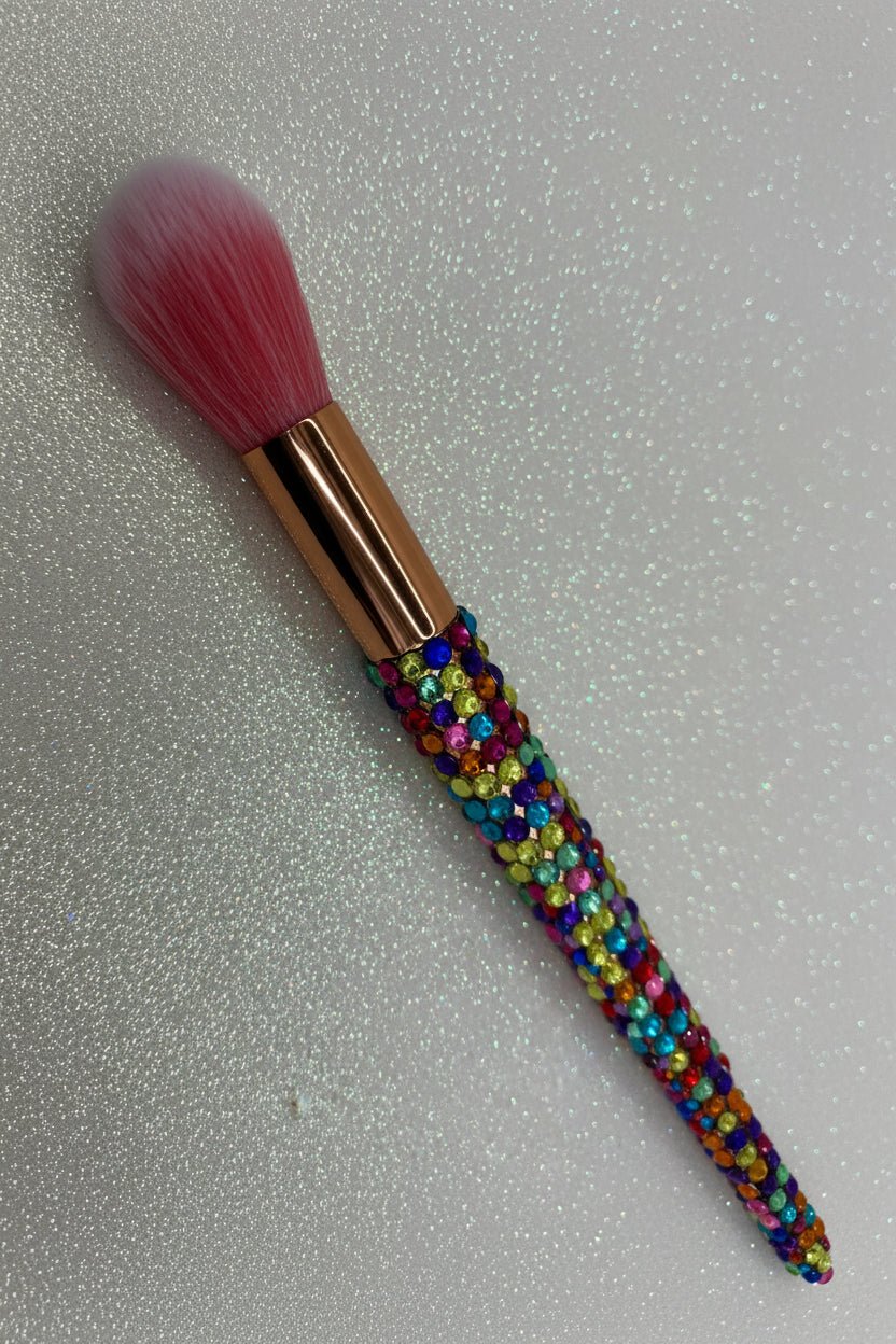Rainbow  Bling Round Blush Brush with a full multicolored crystal handle, gold ferrule and pink bristles by La Paz Cosmetics on a white background 
